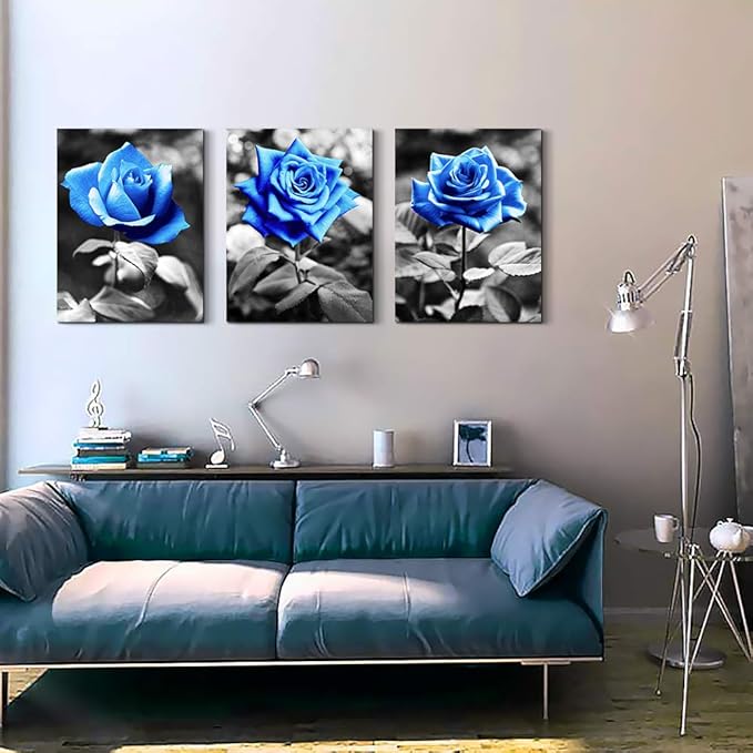 bedroom Wall Art for living room bathroom Wall Decor for kitchen family pictures artwork Black and white Blue rose flowers Canvas paintings 16" x 24" 3 Pieces framed Modern office Home decorations