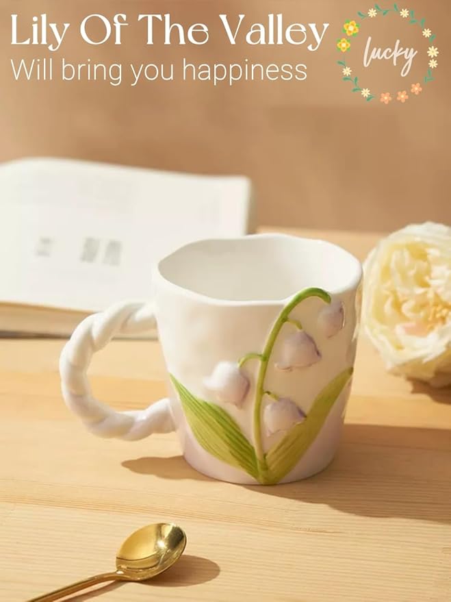2024 Ceramic Coffe Mug with Handle, 12.85oz Cute Spring Flower Floral Handmade Figurine Mugs, Holiday and Birthday Gift for Coffee Milk Tea Lovers,Cups,Large Capacity (Purple)