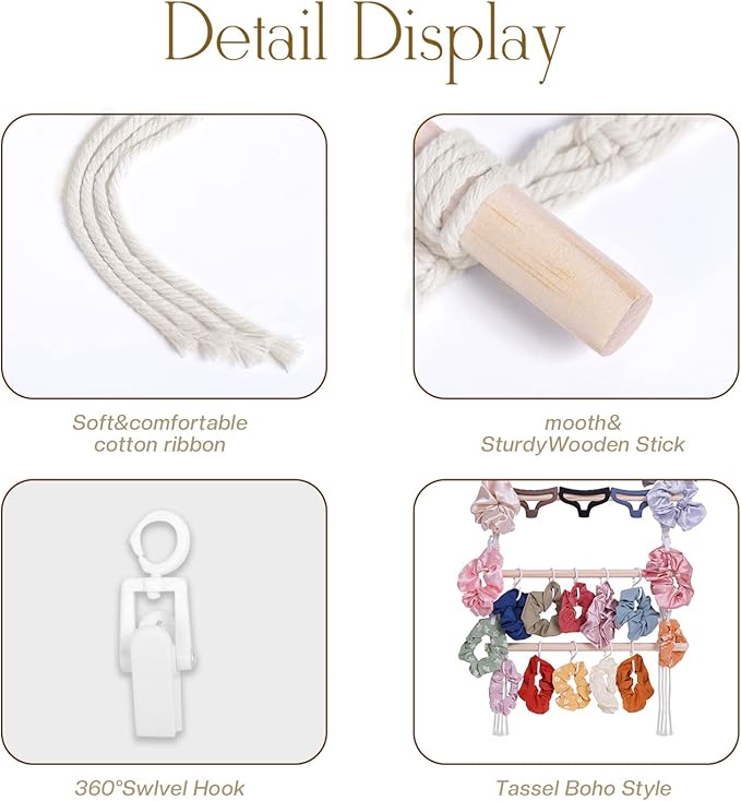 Macrame Hair Claw Clip Organizer, Hanging Bow Hanging Hair Clip Holder and Storage for Women Girls Hair Accessories, Boho Wall Decor, Suitable Home Door Closet Bedroom Decor