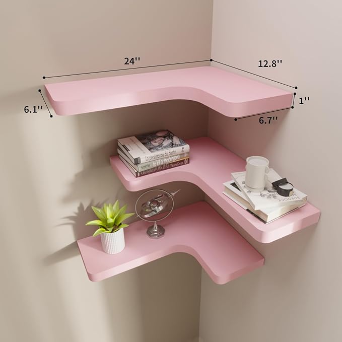 SAUMONIERES Corner Floating Shelves 24 Inch Wall Mount Shelf Solid Wood for Bedroom Bathroom Kitchen Storage Set of 2, Pink