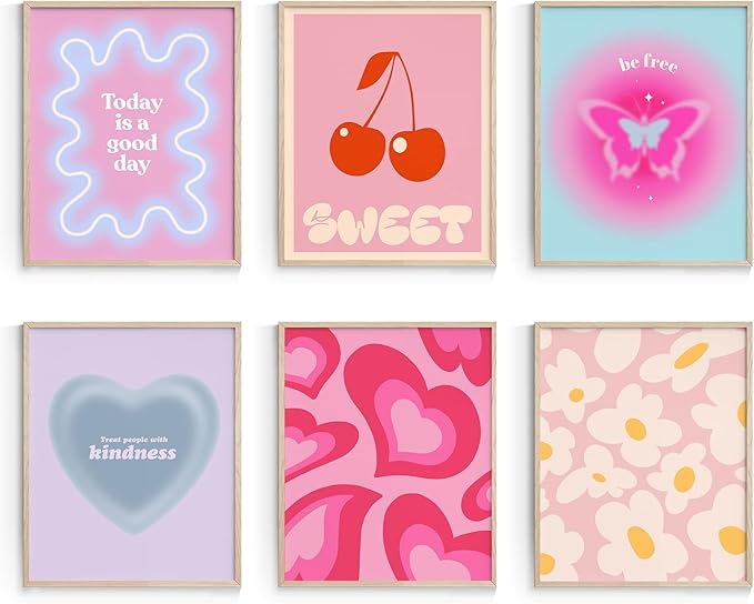 Habseligkeit Pink Gradient Aura Posters for Room Decor Aesthetic, Danish Pastel Cute Room Decor, Cozy Wall Art Prints for Girs Dorm Aesthetic Decor Unframed, 11x14in, Set of 6