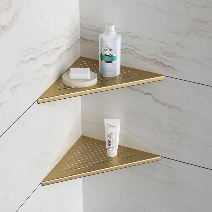 Neodrain 10 Inch Golden Bathroom Corner Shelf Set of 2, Floating Corner Shelves for Wall, 304 Stainless Steel Wall Storage Shelves for Bathroom,No Drilling