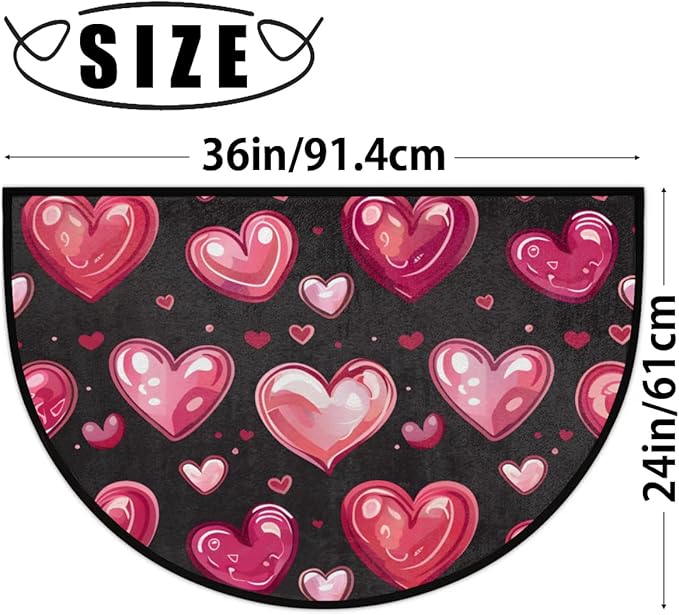 Half Round Black Door Mat Non Slip Bath Mats Love Heart Front Porch Rugs Cute Shower Mat for Living Room Bedroom Kitchen Bathroom Home Decor Gifts