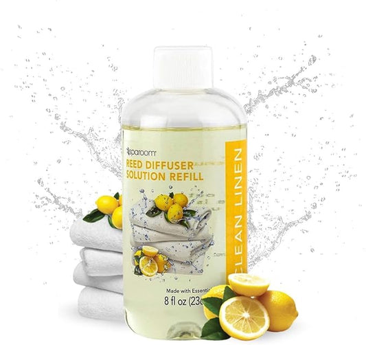 SpaRoom Reed Diffuser Oil Refill – Clean Linen Scent, 8oz Crisp and Refreshing Blend with Lemon Accents, Light and Airy Aroma for Bathroom, Bedroom, or Living Room, Long Lasting Fresh Scent
