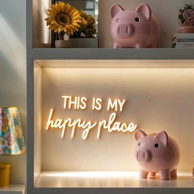 Neon Lights for Wall Decor - This Is My Happy Place Neon Signs for Teen Girls Bedroom Decor, Led Sign for Wall Decor, Nightstand Light, Dimmable Switch USB Power, Adhesive Hook Included