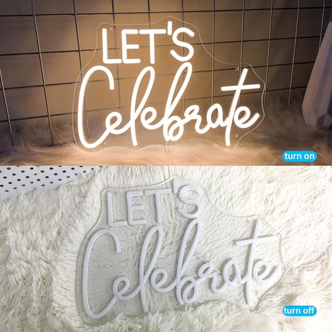 Let's Celebrate Neon Sign Warm White LED Neon Lights for Wall Decor USB-Powered Neon Signs for Living Rooms, Dining Rooms, Bars, Clubs, Hotels, Restaurants, Thanksgiving and Party Decorations