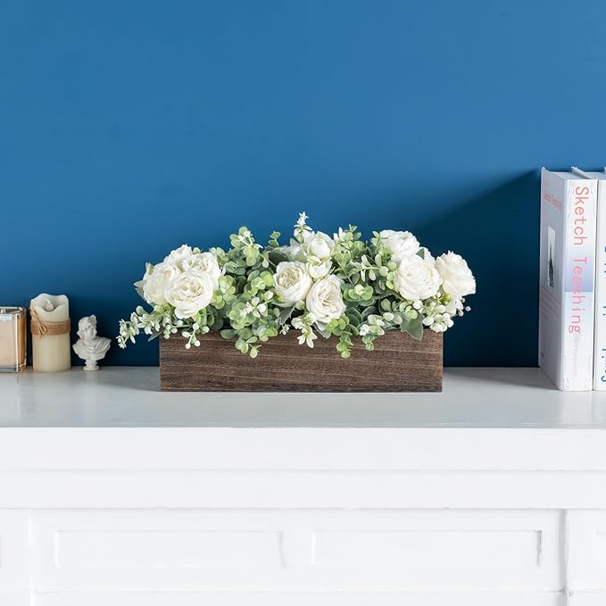 Dahey Centerpiece Table Decorations for Dining Room Farmhouse Living Room Table Centerpieces Decor Wood Tray with 3 Artificial Flowers and 2 Eucalyptus for Kitchen Table, 14.1" x 4.7" x 3.1", White