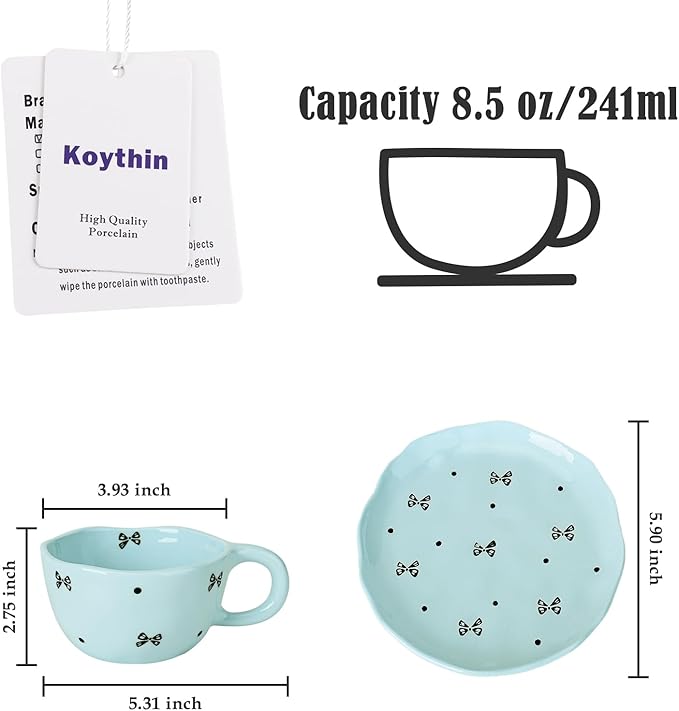 Koythin Ceramic Coffee Mug with Saucers, Handmade Flowers Mugs, Cute Cup for Girl Women, Aesthetic Tea Milk Cup with Handle, 8.5 oz/250 ml for Latte, Cocoa, Office, Home (Blue Small Bow)