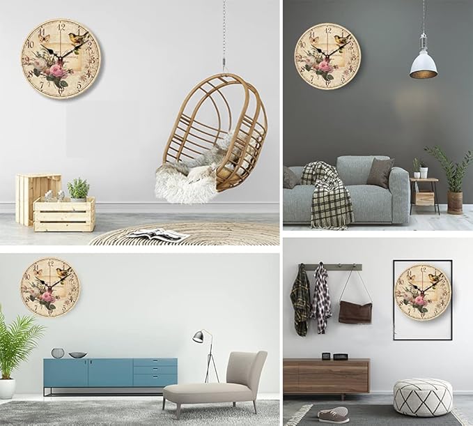 Catuy 12 Inch Wood Wall Clock Silent Non-Ticking Wall Clocks for Office,Bathroom,Living Room,Dining Room,Kitchen Decoration, Flowers/Birds Style Round Hanging Clock