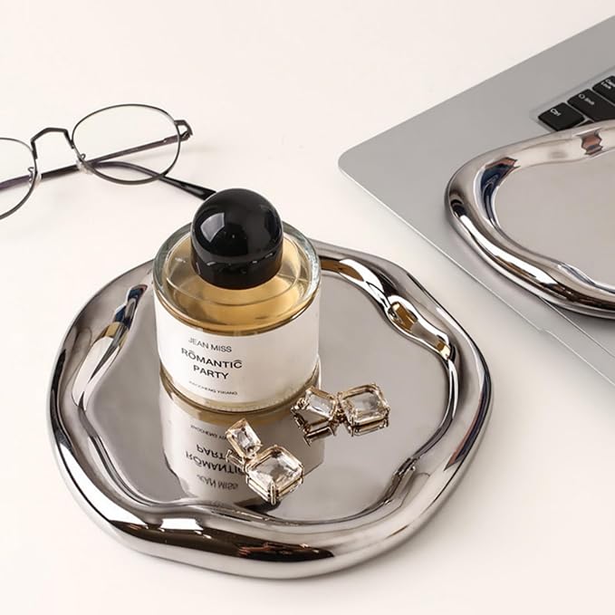 Silver Tray Decorative Vanity Tray Bathroom Tray Jewelry Dish Ceramic Silver Round Plate Holder Makeup Tray Home Organizers Irregular Storage Plate Bathroom organizer (Round)