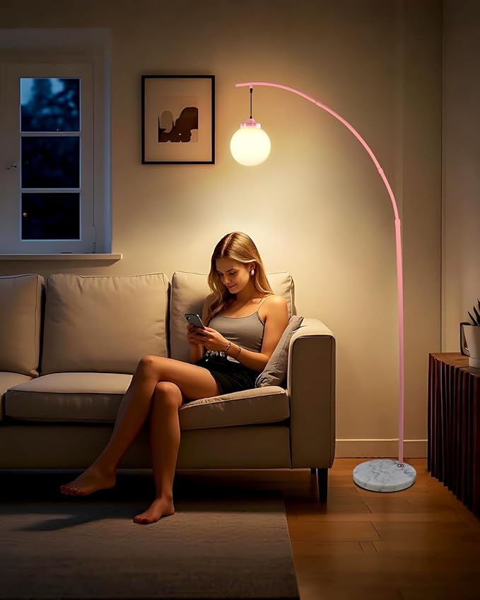 Lightdot Pink Arc Floor Lamp for Living Room, 76Inch Tall Standing Lamp with Marble Base and Globe Bulbs Included, 3000K Warmwhite Modern Mid Century Floor Lamp for Bedroom & Home Office