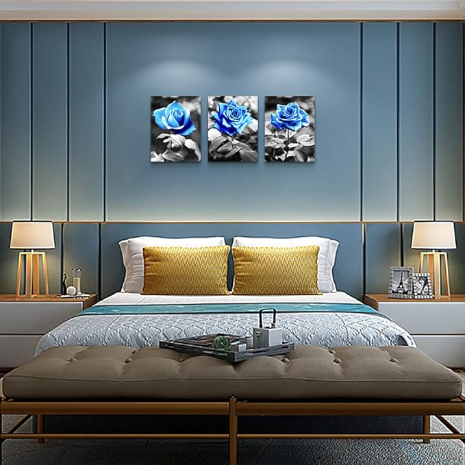 Bedroom Wall Art For Living Room Bathroom Wall Decor For Kitchen Family Pictures Artwork Black And White Blue Rose Flowers Canvas Paintings 12" X 16" 3 Pieces Framed Modern Office Home Decorations
