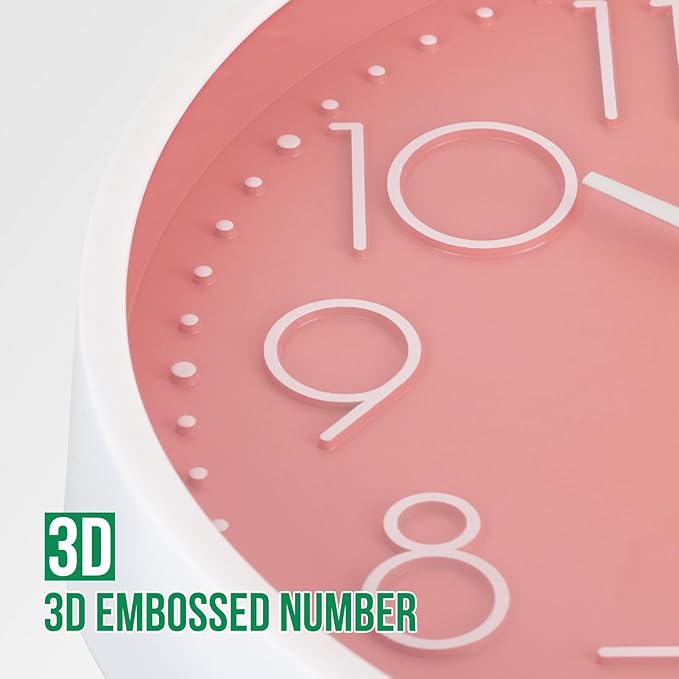 Wall Clock 10 Inch Non-Ticking Silent Modern Simple Style Round Decor Clock Peach Pink Stereoscopic Dial Quartz Wall Clocks for Home/Office/School/Living Room/Bedroom/Kitchen