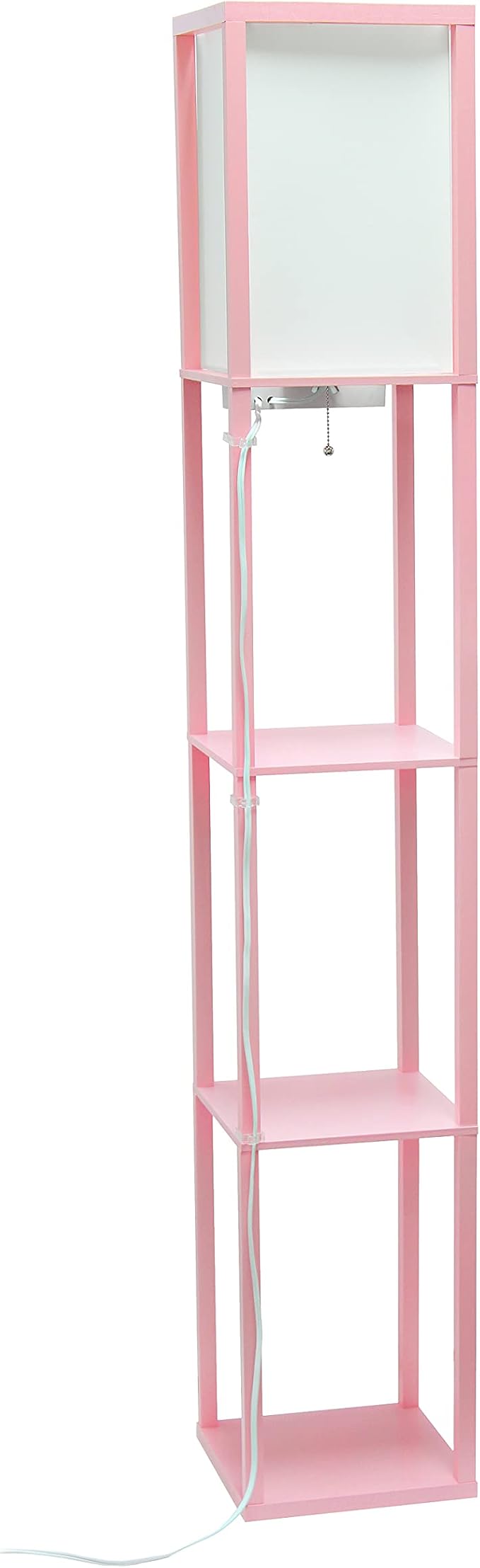 Simple Designs LF1037-LPK Floor Lamp Etagere Organizer Storage Shelf with 2 USB Charging Ports, 1 Charging Outlet and Linen Shade, Light Pink
