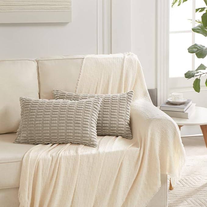 Fancy Homi 4 Packs Taupe Decorative Throw Pillow Covers 16x24 Inch for Living Room Couch Bed, Rustic Modern Farmhouse Boho Home Decor, Soft Plush Corduroy Cute Square Accent Cushion Case 40x60 cm