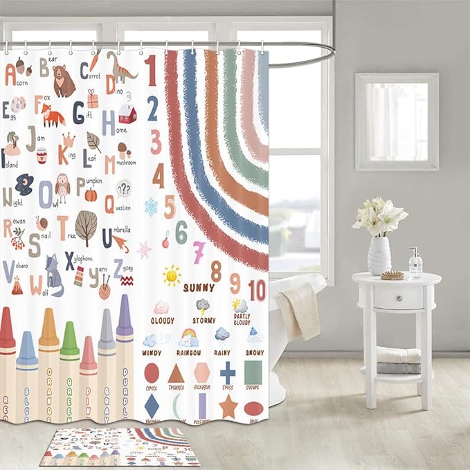 Kids Alphabet Shower Curtain, Funny Cartoon Animal ABC Learning Bath Curtain 47 x 72 Inch, Educational Boys Girls Children Bathroom Curatin Decoration Waterproof with Hooks Washable