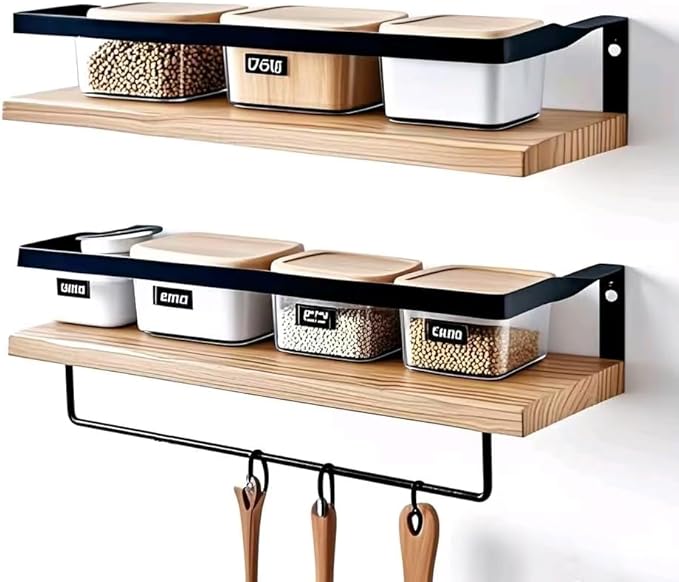 Wood Floating Shelves for Wall,Set of 2 Hanging Shelves with Towel Bar,Decorative Wall Shelves for Bedroom,Living Room,Bathroom,Kitchen