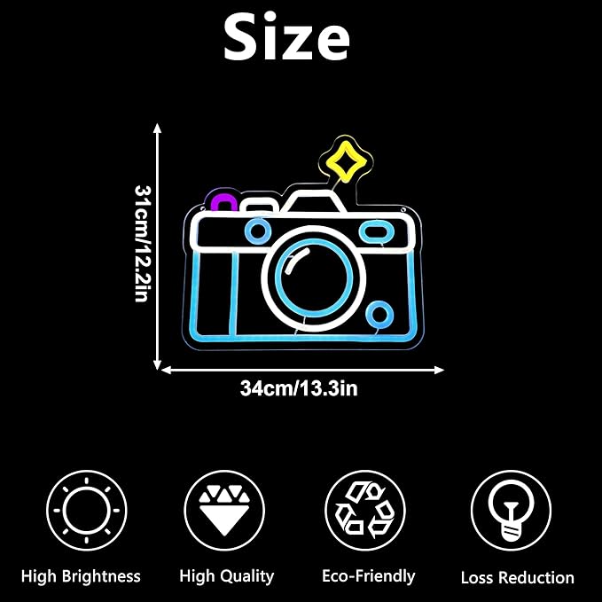 Camera Neon Sign, Dimmable USB Powered LED Cute Photography Studio Camera Neon Light, Camera Store Wall Art for Party Cafe Shop Photo Studio Living Room Decor Enthusiasts Birthday Gift (13.3*12.2in)