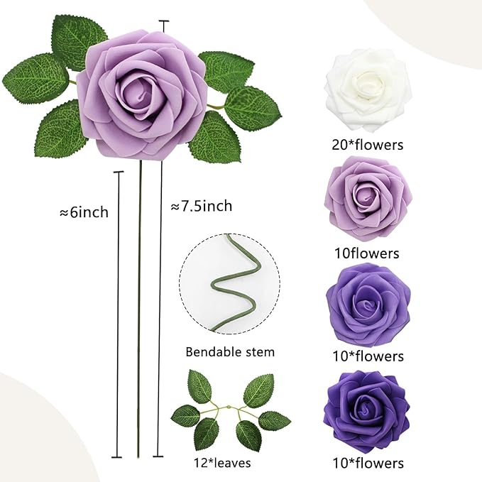 Artificial Flowers 50PCS Purple Roses Real Looking Foam Fake Roses with Leaves and for DIY Wedding Bouquets Bridal Shower Centerpieces Party Decorations (Purple Series, 50)