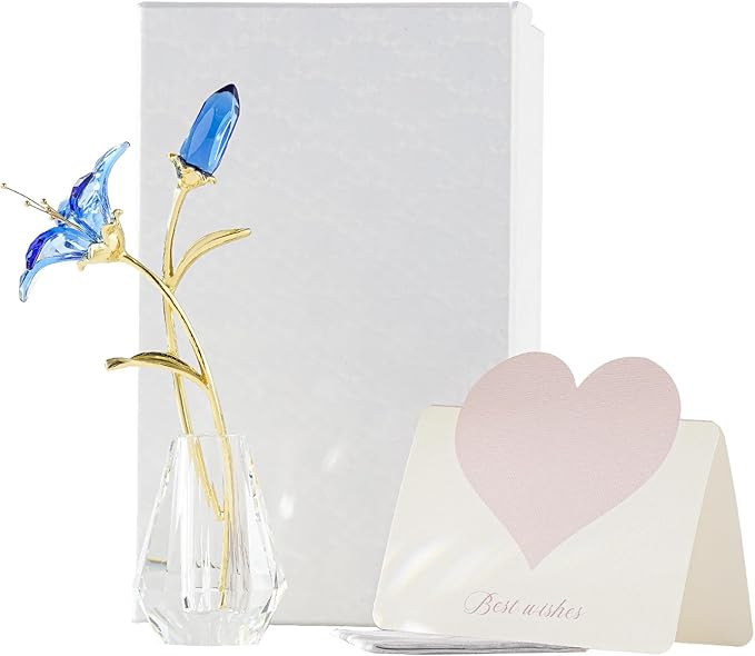 Crystal Lily Figurine, Glass Flowers with Stem,Flower Collectible Gifts for Woman, Wedding Party Decor(Blue)