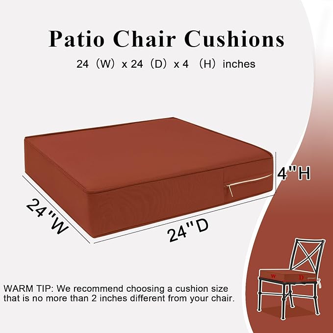 Outdoor Chair Cushions Set of 2 for Patio Furniture 24x24x4 Inch Waterproof Patio Chair Cushion 3 Year Color Fastness Square Elastic Foam Garden Sofa Couch Pads with Ties and Handle,Spice