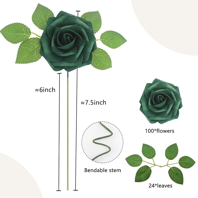Artificial Flowers Roses Real Looking Foam Fake Roses with Leaves and for DIY Wedding Bouquets Bridal Shower Centerpieces Party Decorations (Peacock Green, 100)
