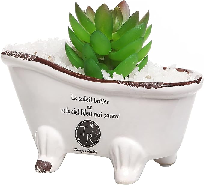 MyGift 6-Inch White Ceramic Indoor Plant Pot, Claw Foot Bathtub Mini Succulent Planter Pot, Petite French Country Bathroom Decor Soap Dish