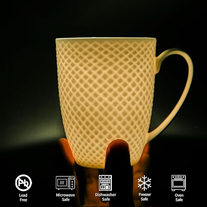 12 Oz Coffee Mugs Set of 6, Fine Bone China Mugs, White Ceramic Coffee Cups Set, Rhombus Relief Texture Coffee Mugs for Latte, Tea, Hot Cocoa, Women, Men