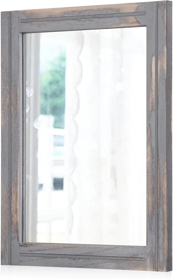 AAZZKANG Wood Framed Mirror Rectangular Rustic Wall Mirrors Decorative Small for Farmhouse Bathroom Living Room Bedroom Grey