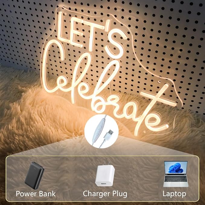 Let's Celebrate Neon Sign Warm White LED Neon Lights for Wall Decor USB-Powered Neon Signs for Living Rooms, Dining Rooms, Bars, Clubs, Hotels, Restaurants, Thanksgiving and Party Decorations