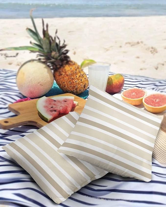 Outdoor Waterproof Throw Pillow Covers Set of 2 Khaki Beige Stripes Decorative Outdoor Pillows Cushion Case 26x26 Inch Classic Striped Patio Pillows for Couch Sofa Bed Garden Office Home Decor