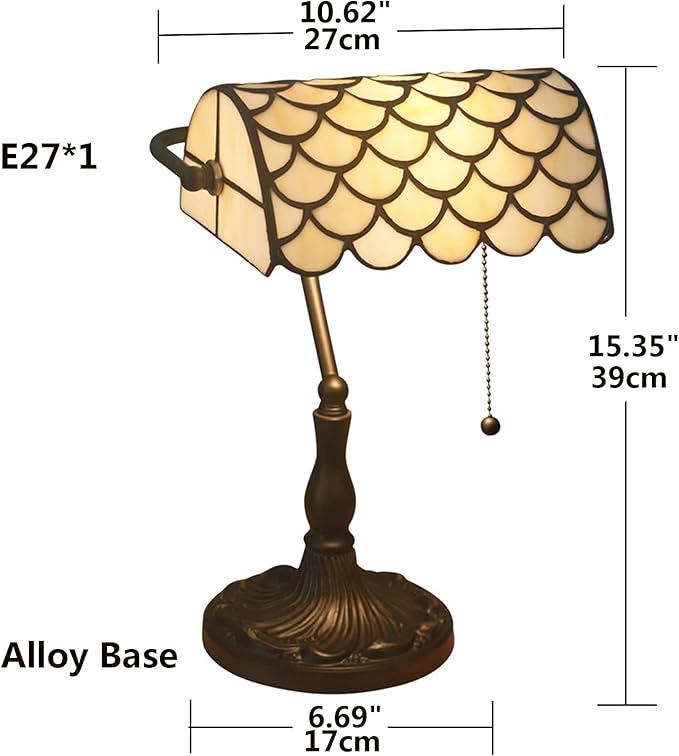 Tiffany Style Bankers Table Lamp Stained Glass Piano Desk Lamp Vintage Bedroom Bedside Lamp for Study,Antique Alloy Base,Zipper Switch,Green d