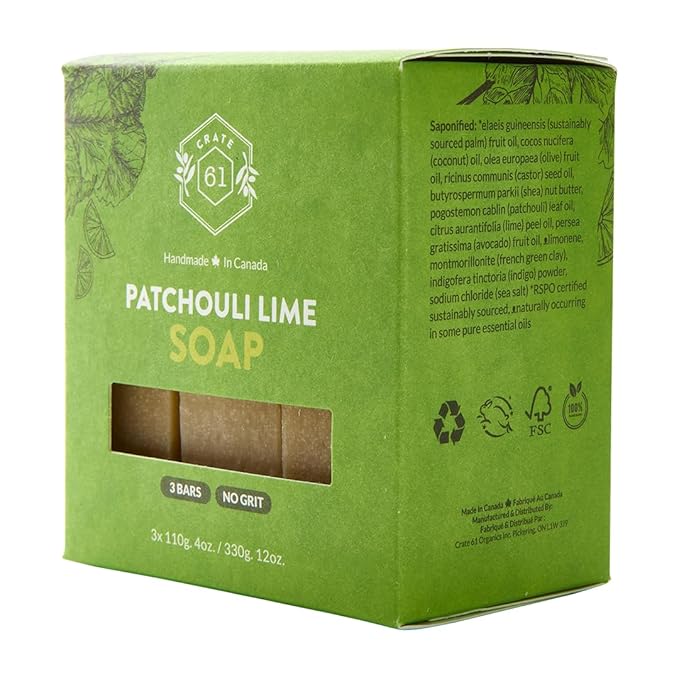 Handmade in Canada, Plant Based Cold Process Natural Bar Soap For Face And Body, With Premium Essential Oils, Eucalyptus & Peppermint For Men And Women 3 Pack (Patchouli Lime)