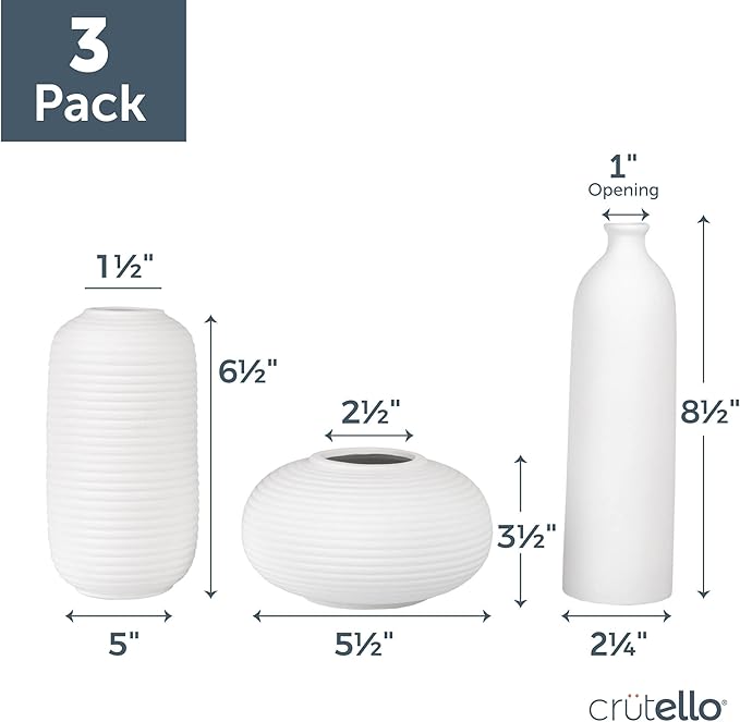 Crutello Ceramic Vase Set - Set of 3 Small White Vases - Perfect for Living Room, Kitchen, Bookshelf, or Entryway Decor