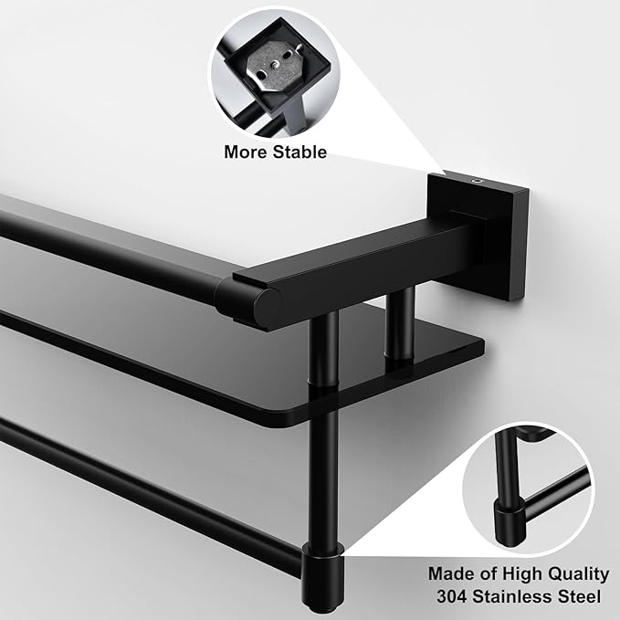 Glass Shelf for Bathroom 20 Inch Bathroom Shelves with Towel Bar Tempered Glass Shelves with Stainless Steel Towel Holder for Wall (All Matte Black)