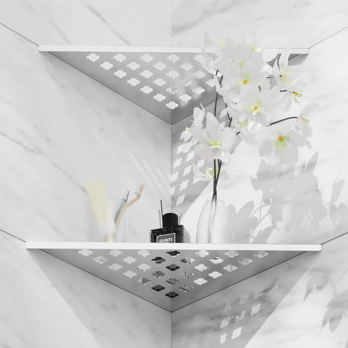 Shower Corner Shelf 2-Pack, 10" Slot Design Bathroom Shelves for Tiled Wall, 304 Stainless Steel Recessed Organizer Corner Shelves for Inside Shower Decor, Silver (Floral)