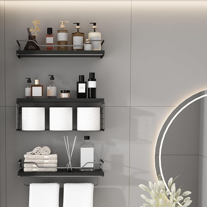 Floating Shelves Wall Mounted,Wood Bathroom Shelf Over Toilet with Paper Storage Basket, Wall Decor Farmhouse Floating Shelf for Bedroom, Living Room, Kitchen,Office (Black)