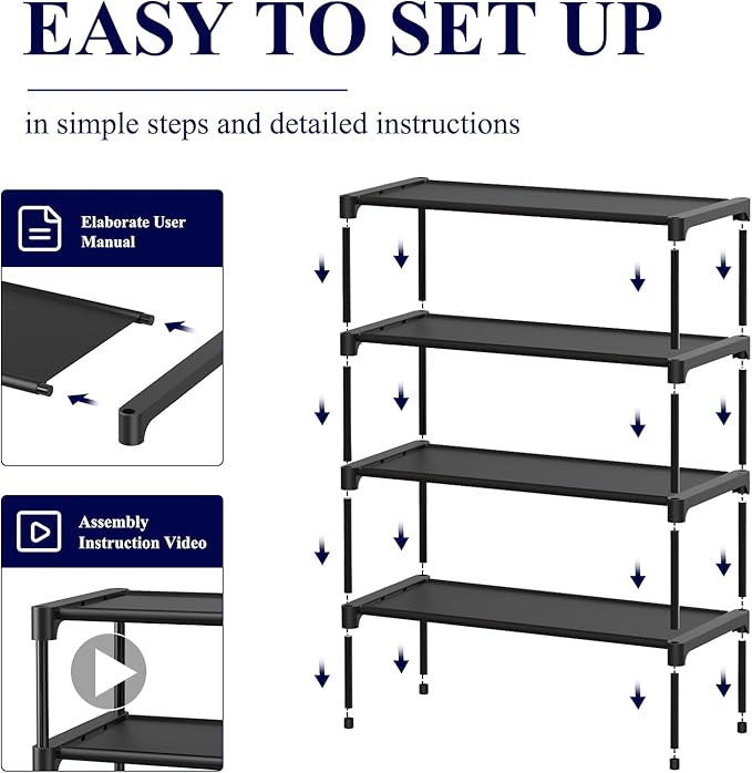 Kitsure Shoe Rack - Premium Non-Woven Shoe Rack Shelf, Shoe Organizer for Closet, Entryway, Garage & Corridor, Sturdy & Durable Long Stackable Shoe Shelves, X-Large, Black