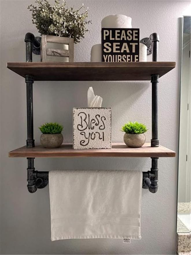 Industrial Pipe Shelf,2 Tiered Metal Towel Racks for Bathroom,20" Industrial Pipe Floating Shelves Shelving,Rustic Wood Wall Mount Shelf with Bar,Iron Towel Holder
