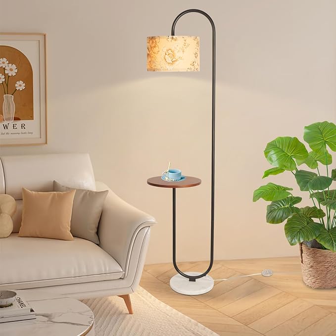 Hsyile Arc Floor Lamp with Hanging Drum Shade for Living Room-Marble Base Modern Tall Stand Up Light with Table, Contemporary Over The Couch Black Lamp Standing Lamps