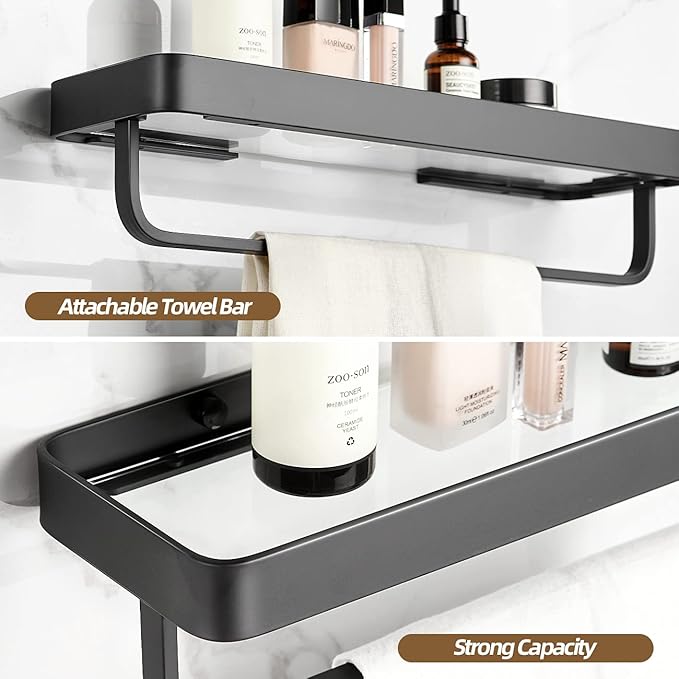 VOLPONE Bathroom Shelves Wall Mounted Glass Shelf for Bathroom Floating Shelf Tempered Glass Shelf 2 Tier Bathroom Wall Organizer(Black)