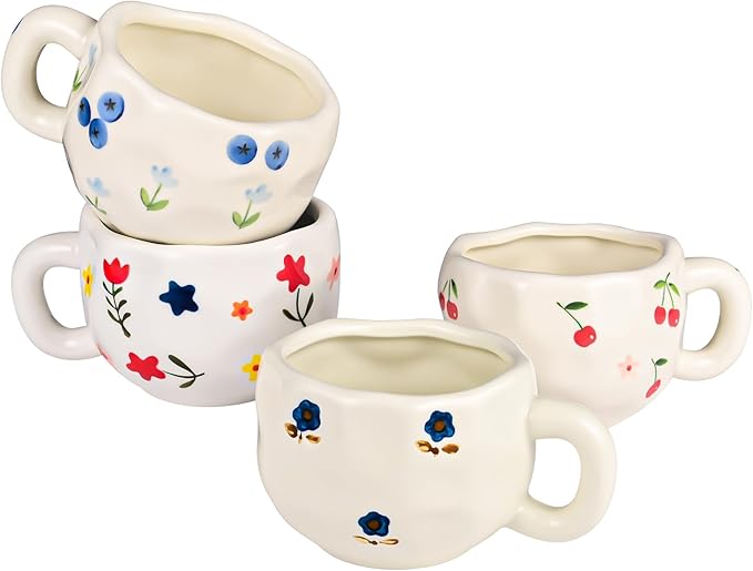 4 Pcs Ceramic Coffee Mugs Set of 4, 10 oz Hand Painted Floral Mug Cute Flower Cup Aesthetic Latte Art Cups for Office and Home Vintage Tea Cup for Cappuccino, Cocoa, Espresso - Microwave Safe