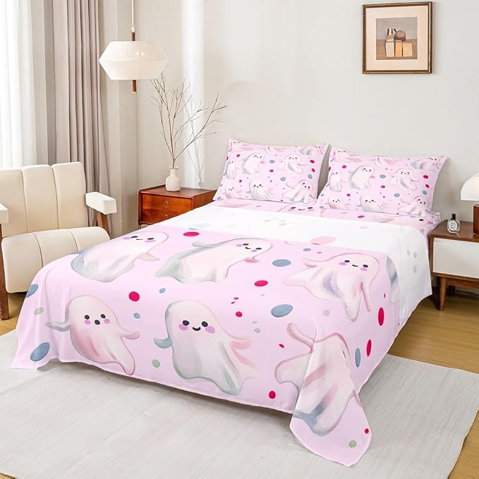 Feelyou Halloween 4 Pieces Sheet with 16 Inch Deep Pockets Queen Size Kids Cute Ghosts Bedding for Boys Girls Teens Pink Bed Sheets Set