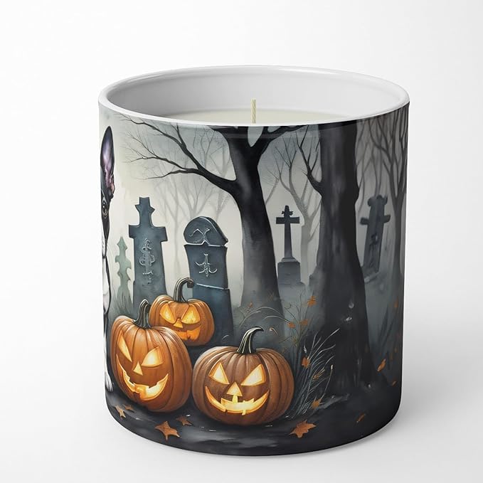 Caroline's Treasures DAC2022CDL Boston Terrier Spooky Halloween Decorative Soy Candle Nature Soy Wax Essential Oil Home Decor Ideal for Bedroom Kitchen Bath Office Gift, 10 oz