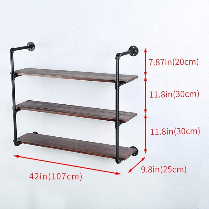 Industrial Pipe Shelving Wall Mounted,42in Rustic Metal Floating Shelves,Steampunk Real Wood Book Shelves,Wall Shelf Unit Bookshelf Hanging Wall Shelves,Farmhouse Kitchen Bar Shelving(3 Tier)