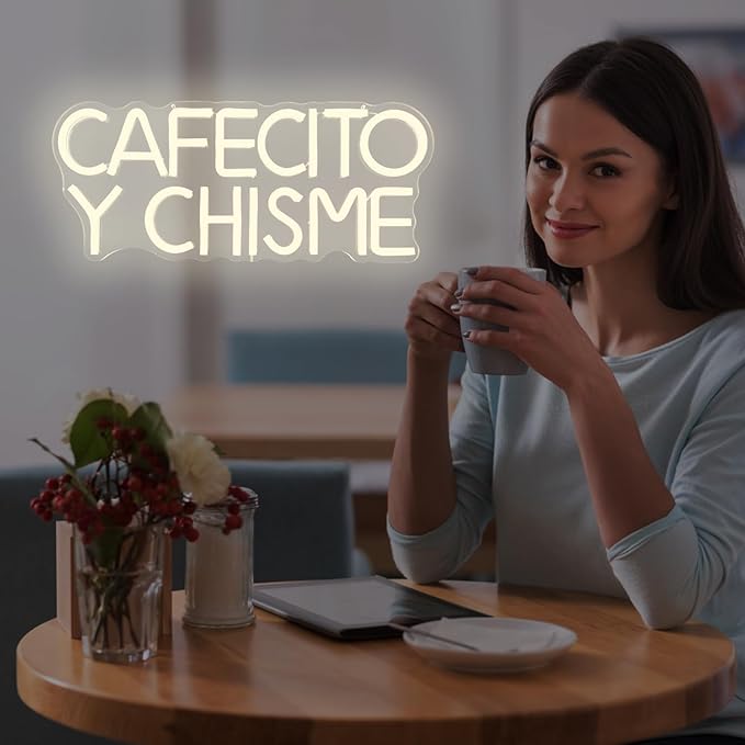 Funny Cafecito Y Chisme Neon Sign for Wall Decor Dimmable Cafecito Y Chisme Sign Mexican Gifts for Women Led Neon Light Sign for Bedroom Coffee Lover Gifts Home Kitchen Decoration