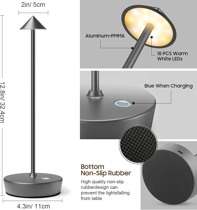 Set of 2 Rechargeable Cordless Table Lamp,6000mAh LED Battery Operated Desk Lamp Touch 3 Color Dimming Portable Outdoor Waterproof Table Light for Patio/Restaurant/Dining/Home (Grey)