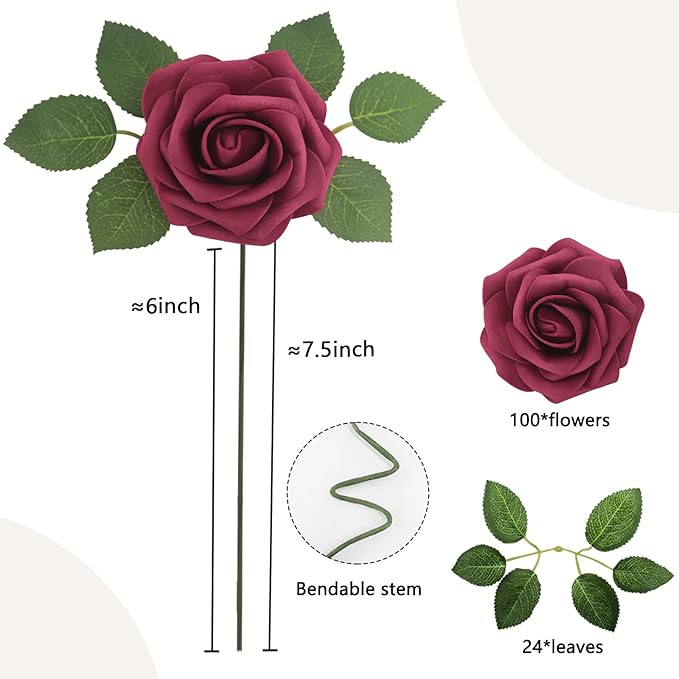 100PCS Burgundy Artificial Flowers White Roses Real Looking Foam Fake Roses with Leaves and for DIY Wedding Bouquets Bridal Shower Centerpieces Party Decorations (Burgundy, 100)