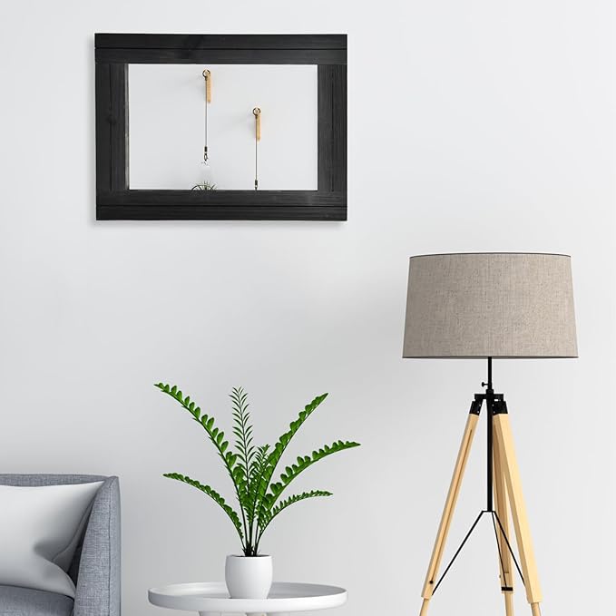 12 x 16 in Wall Decorative Mirror, Rustic Wood Frame Rectangular Mirror with Hanging Rope for Entryway, Bedroom, Guest Bathroom, Living Room, Bedroom, Black