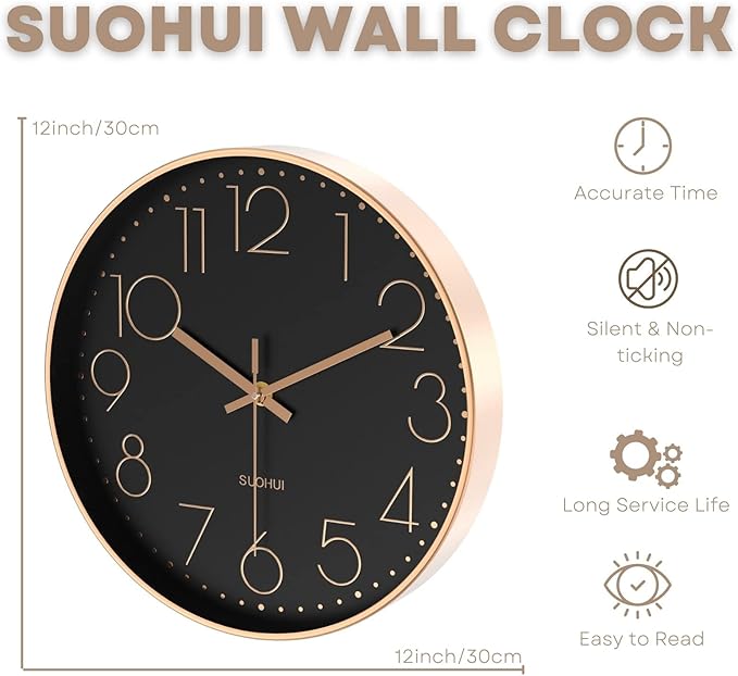 Silent Wall Clock 12 Inch Non-Ticking Wall Clocks Battery Operated for Living Room Decor Modern Wall Clock for Home/Bedroom/Office/Classroom/School/(Rose Gold)